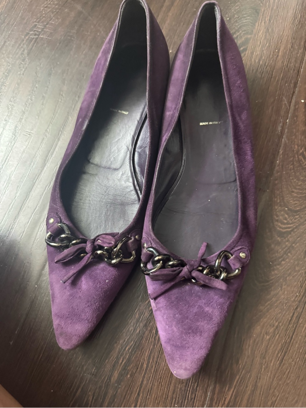 Prada Purple Suede Pointed-Toe Flats with Chain and Knot Detail